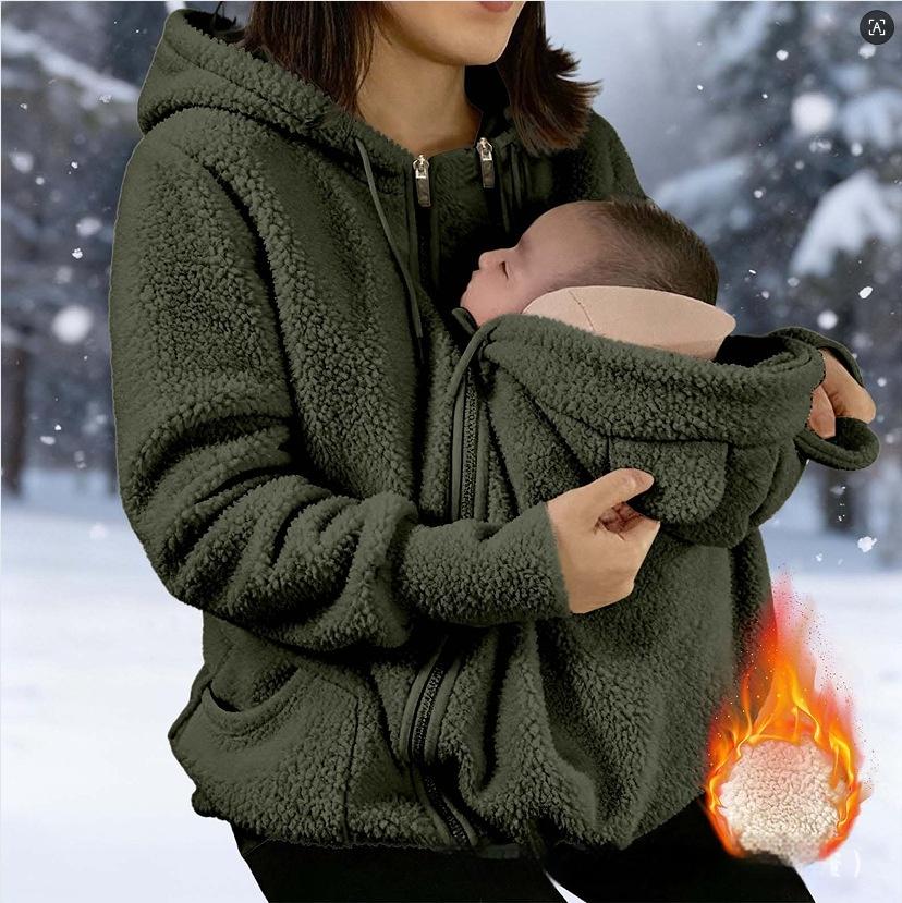 Corduroy Hooded Sweatshirt With Baby-pocket Women's Thickened Zip-up Jacket For Parent-Child Matching Outfits