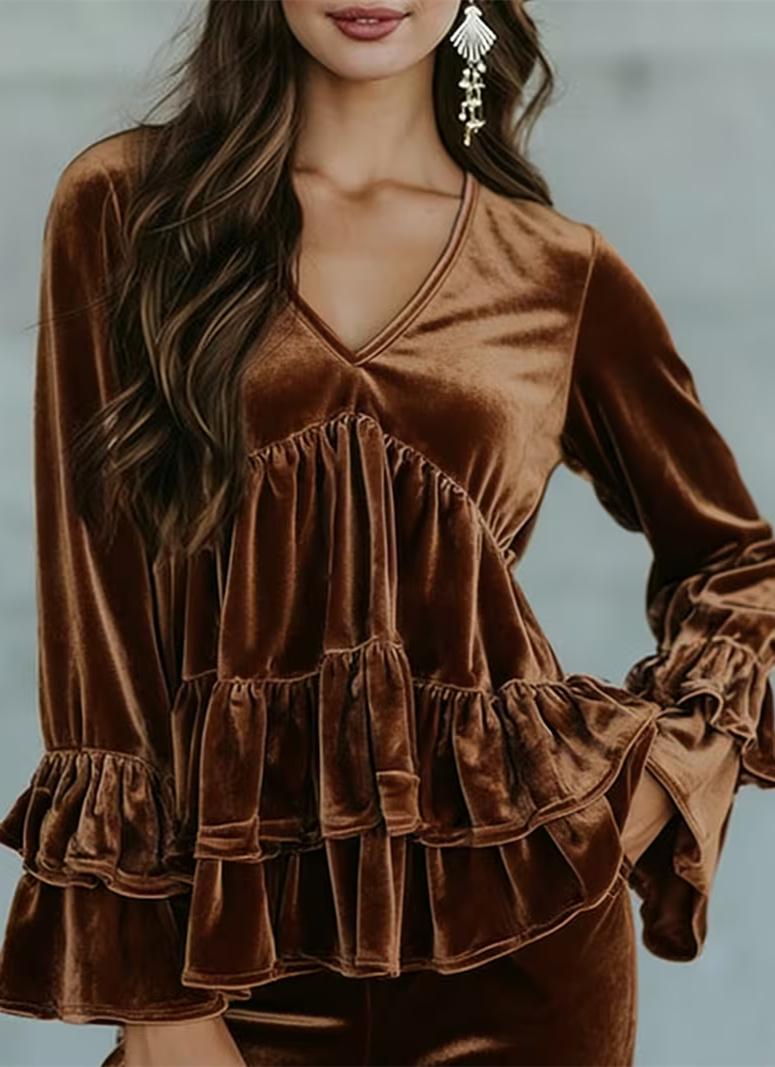 Casual V-neck Ruffled Layered Bell Sleeve Top