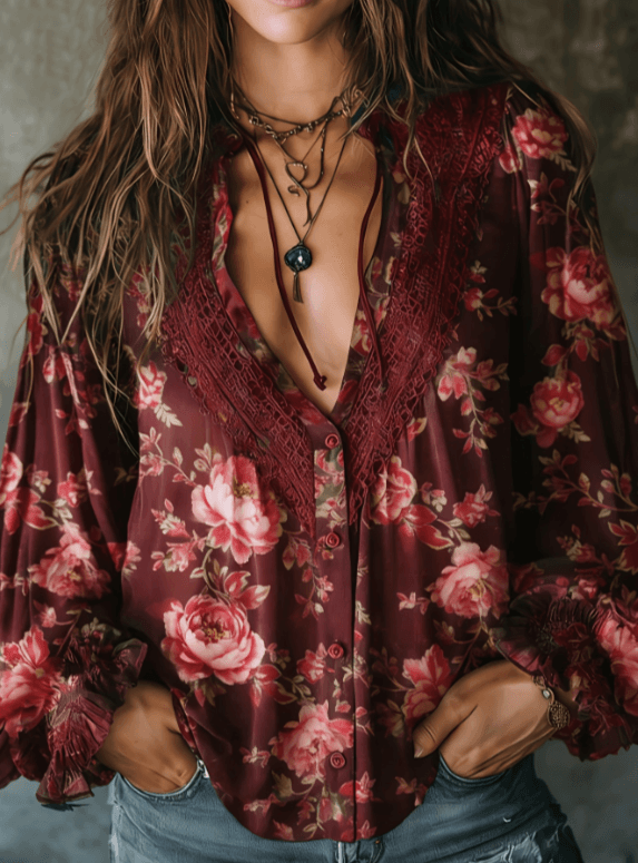 Retro-style Hollowed-out Lace Deep V Lantern Sleeve Women's Loose Top