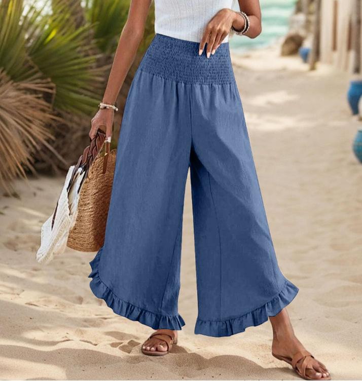 Pleated Asymmetrical Hem Cotton-linen Loose-fit Casual Pants