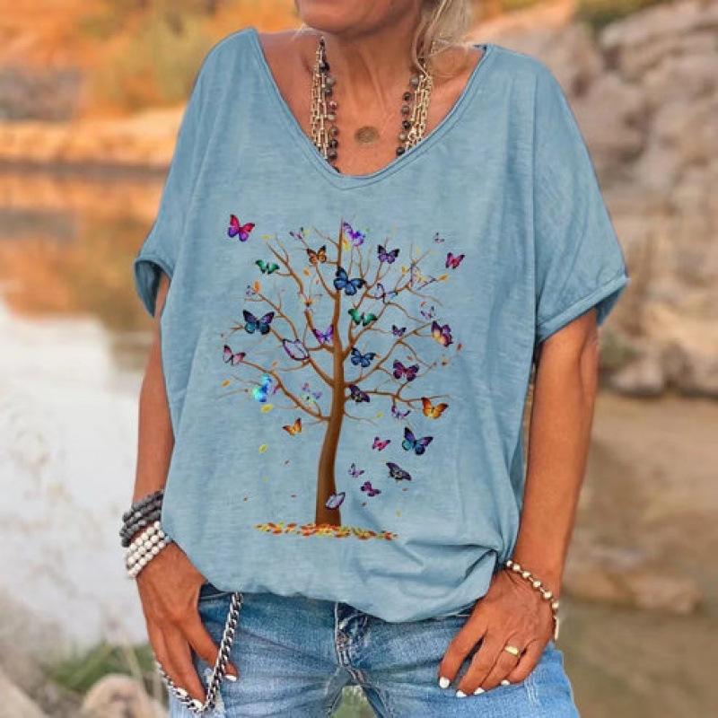 Loose V-neck Short Sleeve Digital Printed T-shirt