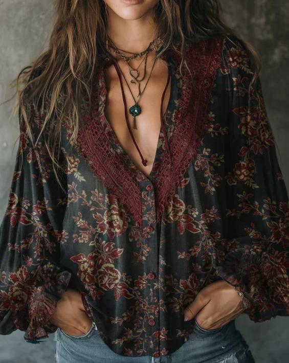 Retro-style Openwork Lace Deep V Lantern Sleeve Women's Loose Chiffon Blouse Top