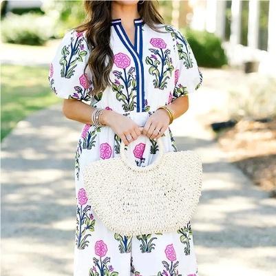 Sky Blue Flower Puff Sleeve Short Sleeve V-neck High Waist Dress