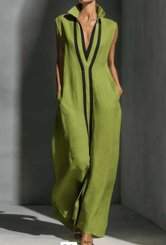 2026 Spring And Summer New Contrasting Stand Up Collar Sleeveless Linen Maxi Dress