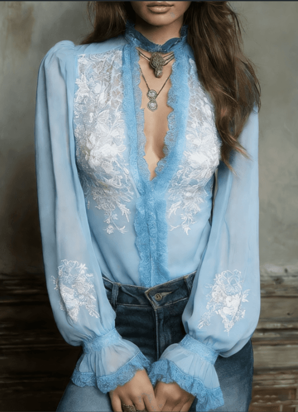 A Stand-up Collar Lace Embroidered Top