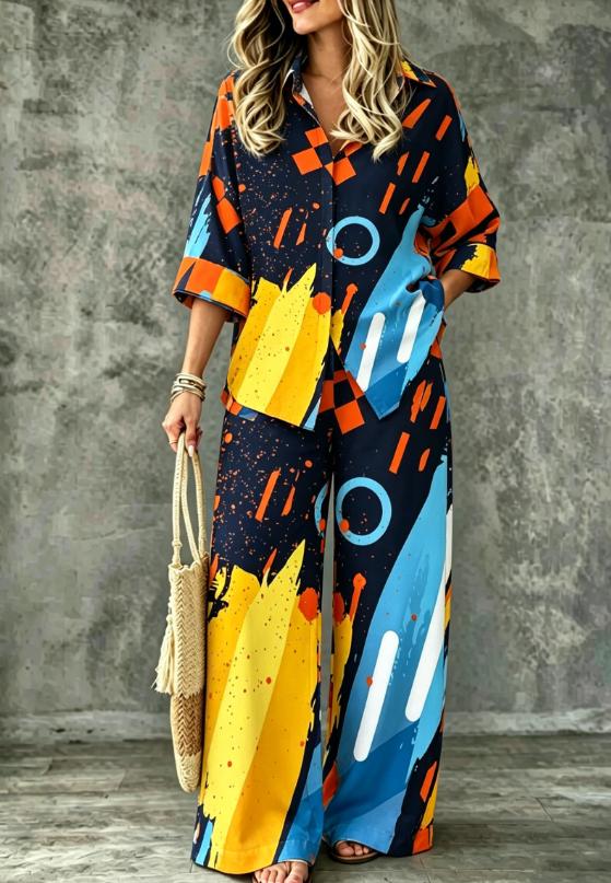 Spring Summer Womens Shirt Set With Digital Print