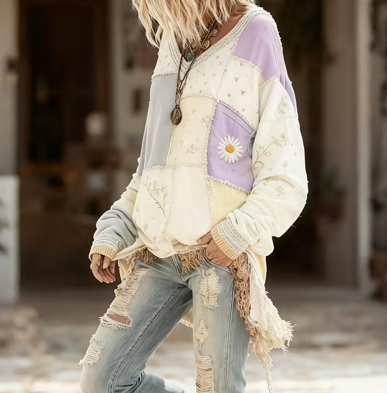 Patchwork Casual V-neck Long-sleeved Loose Top