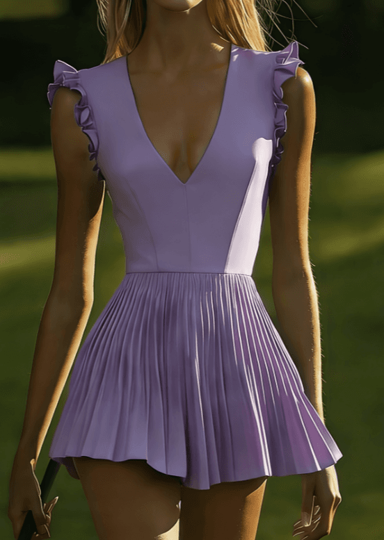 V-neck, Ruffled Trim, Fitted Waist, Pleated French-style Short Dress