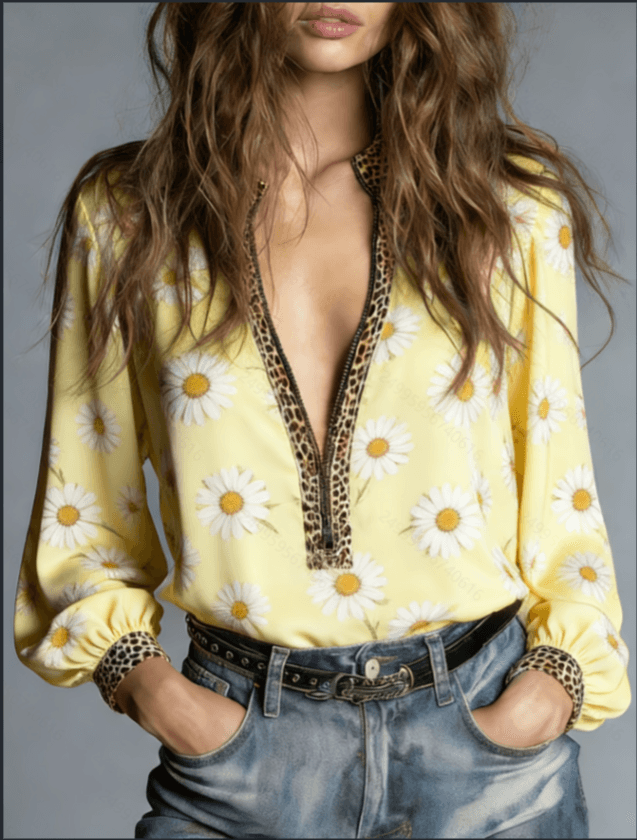 Bohemian Leopard Trim V-Neck Zipper Printed Long Sleeve Blouse