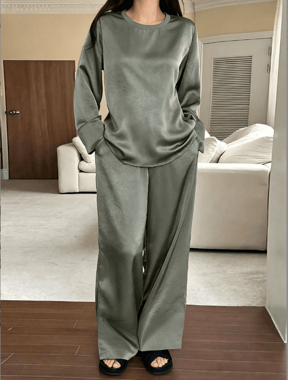 Grey Green Dark Patterned Round Neck Long Sleeved Satin Home Two-piece Set