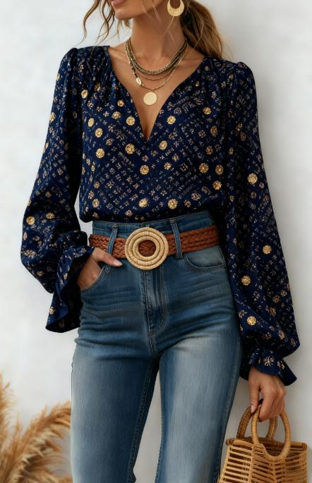 Printed Casual V-neck Bell Sleeve Long-sleeved Top