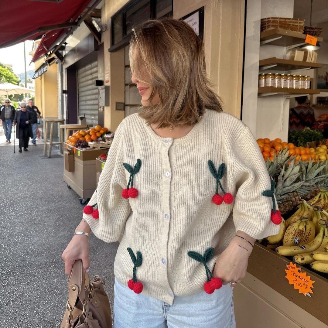 Three-dimensional Flower Round Neck Cardigan Knitted Short Sleeve