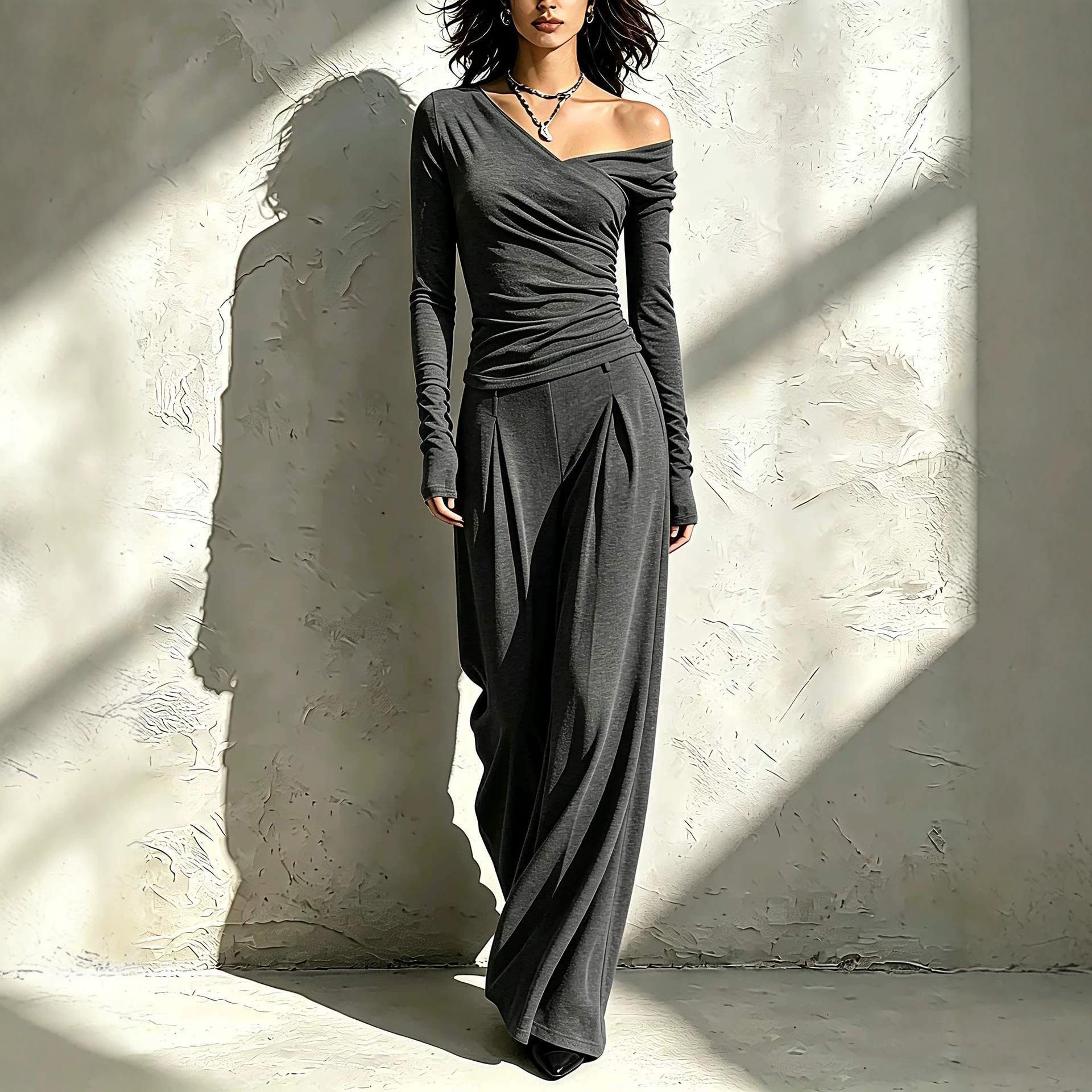 Irregular Off-shoulder Long-sleeve Top High-waisted Wide-leg Pants Womens Outfit