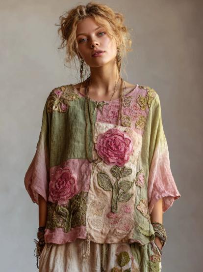 Vintage  Roses Gradient Linen Blouses