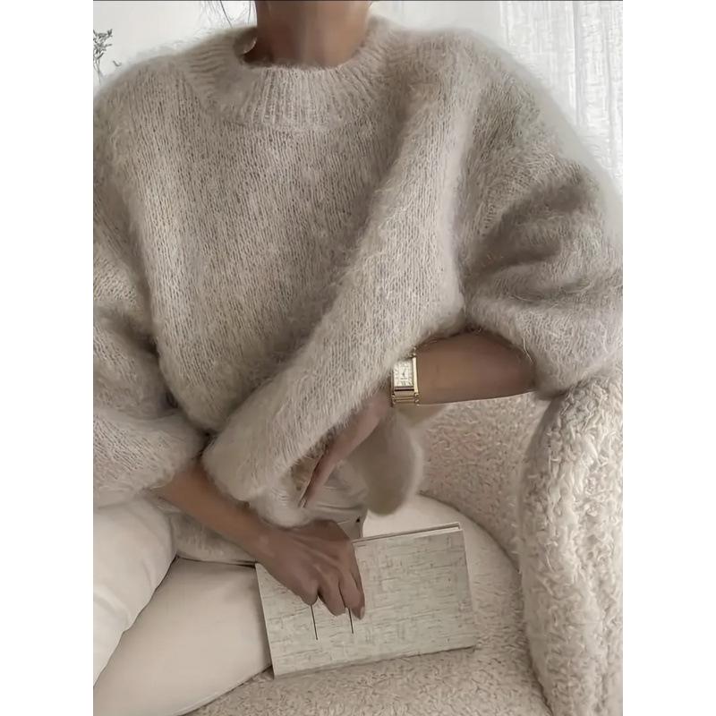European And American Style Cross Border 2026 Spring Summer New Versatile Lazy Style Solid Color Loose Comfortable Casual Plush Sweater For Women