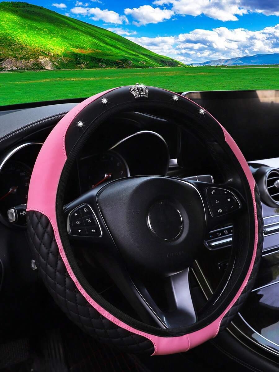 Diamond-Encrusted Little Crown Leather Car Steering Wheel Cover Without Inner Ring