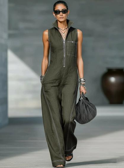 Womens Collarless Sleeveless Casual Loose Cotton-Linen Jumpsuit