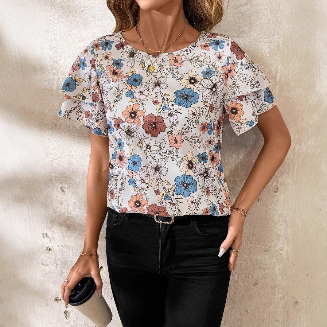 Round Neck Stitching Short Sleeve Loose Printed Top For Women