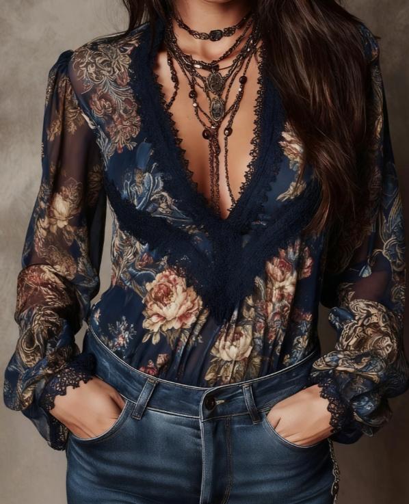 Retro Paisley Print V-neck Lace Puff Sleeve Women's Shirt Top