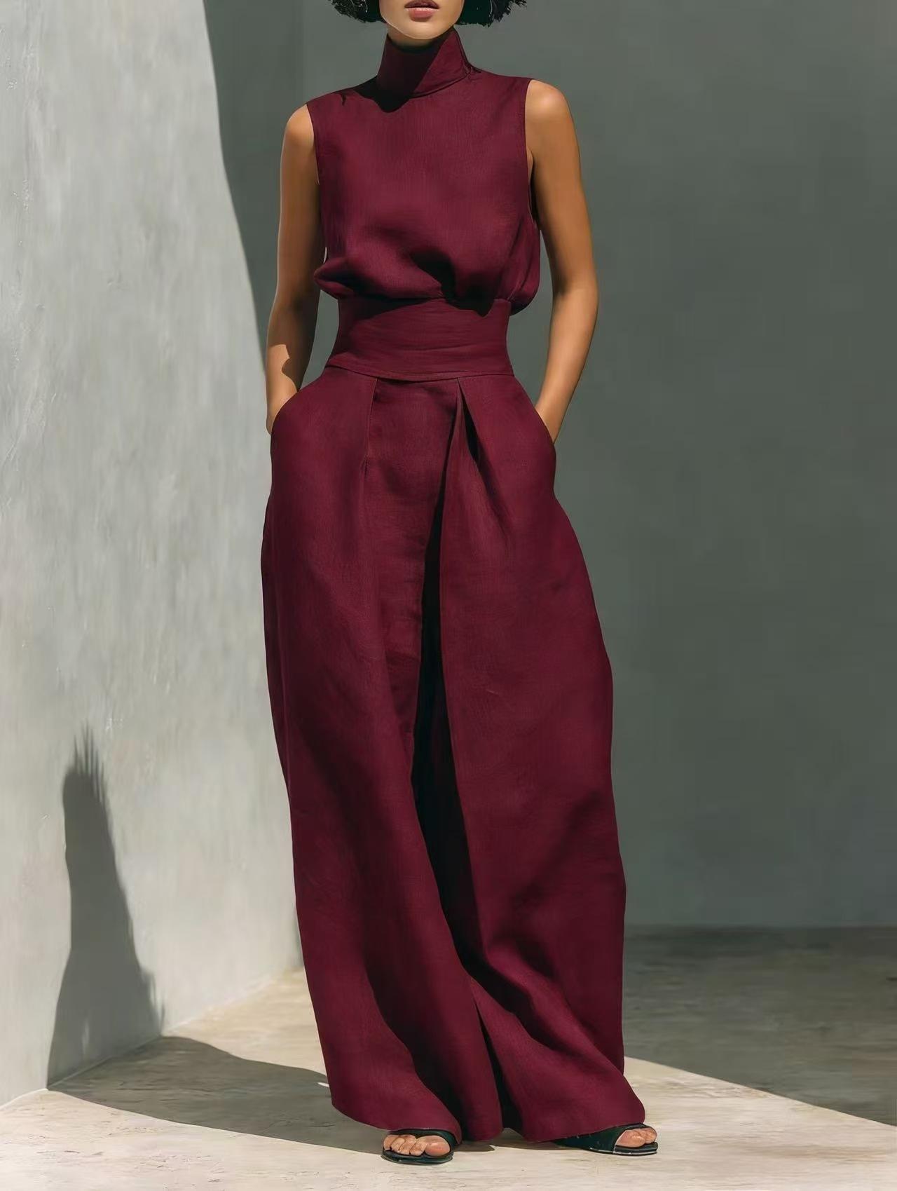 Womens Cotton-Linen Blend Sleeveless Top And Wide-Leg Pants Set