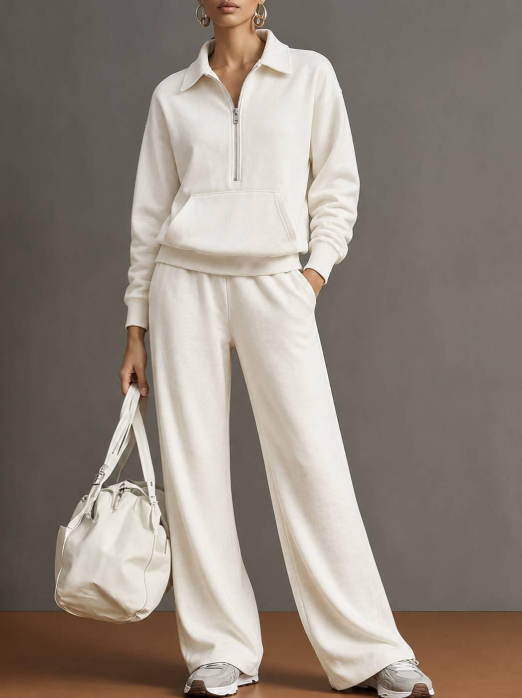 Womens Two-Piece Set Zip-Up Sweatshirt And Loose-Fitting Casual Wide-Leg Pants