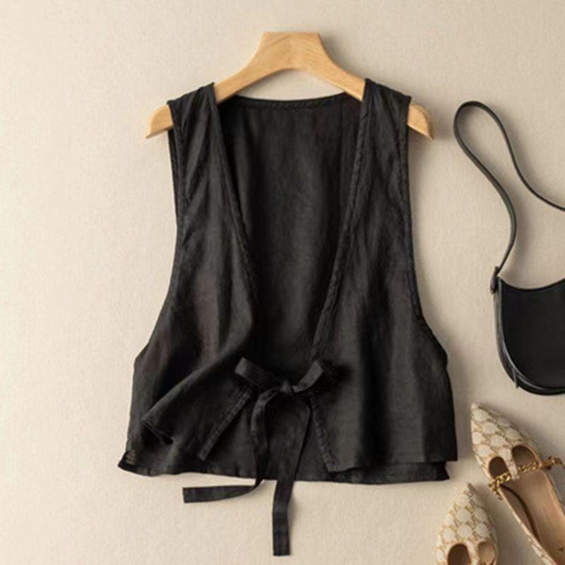 Versatile Ethnic-Style Cotton-Linen Solid-Color Lace-Up Vest Top For Women