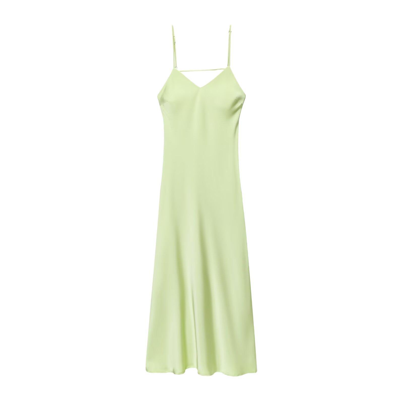 Silk Textured Solid Color Long Suspender Dress