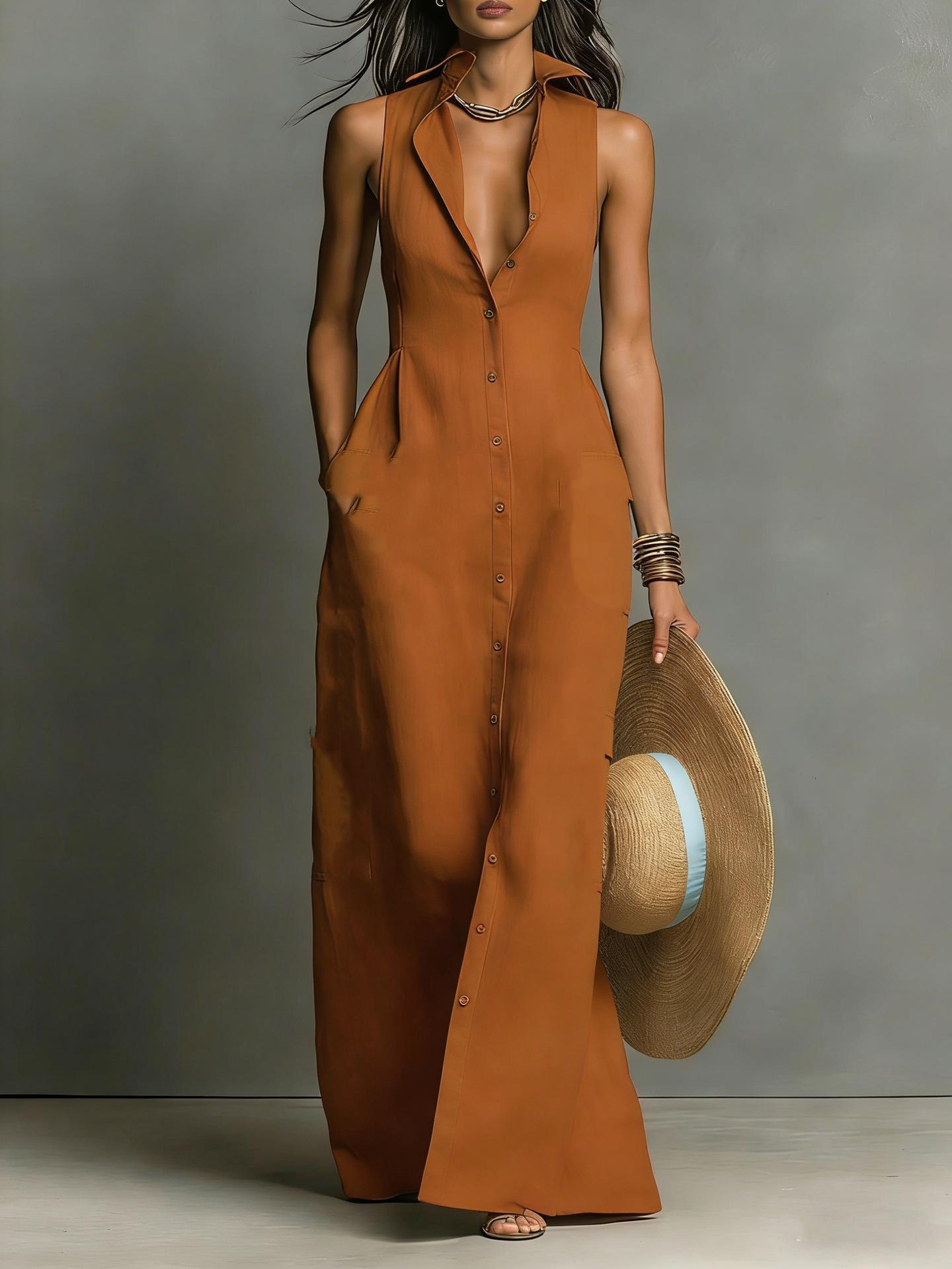 New European & American Style Button-Detail Sleeveless Shirt Collar Dress