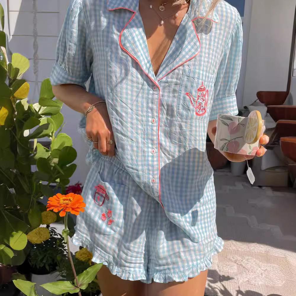 Plaid Teapot Embroidered Pajama Set For Women