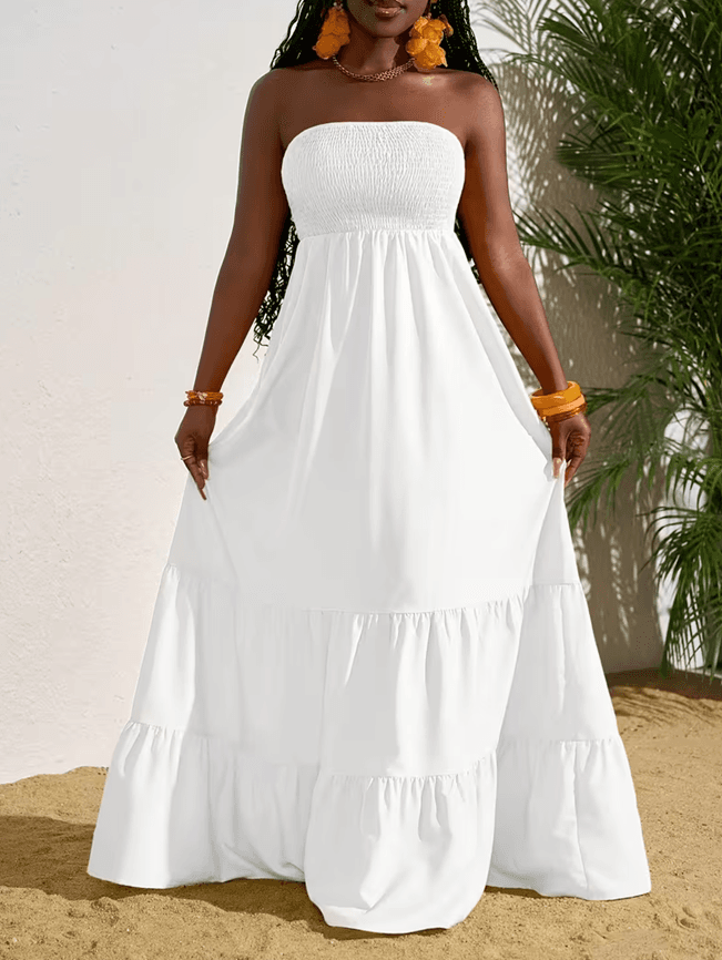 Vibrant Strapless Pleated Multi-layered Full Skirt Dress, Women's Sleeveless Long Resort Style Dress