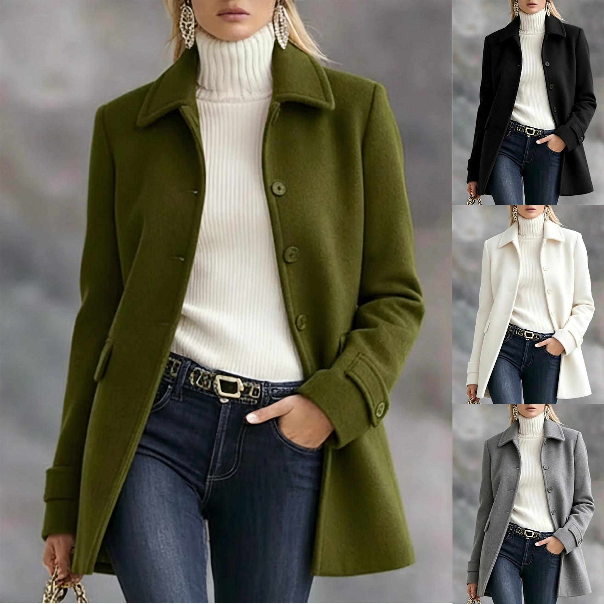 Mid-length Elegant Wool Coat With A Lapel And Buttons