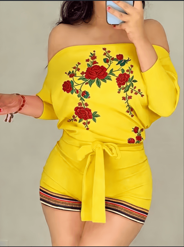 Tropical Floral All-over Print Off-the-Shoulder Batwing Sleeve Belted Bodycon Jumpsuit