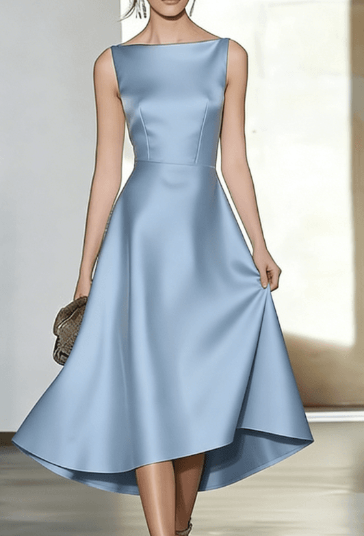 Satin Off-the-shoulder Sleeveless Fitted Waist Asymmetrical Full Skirt Dress