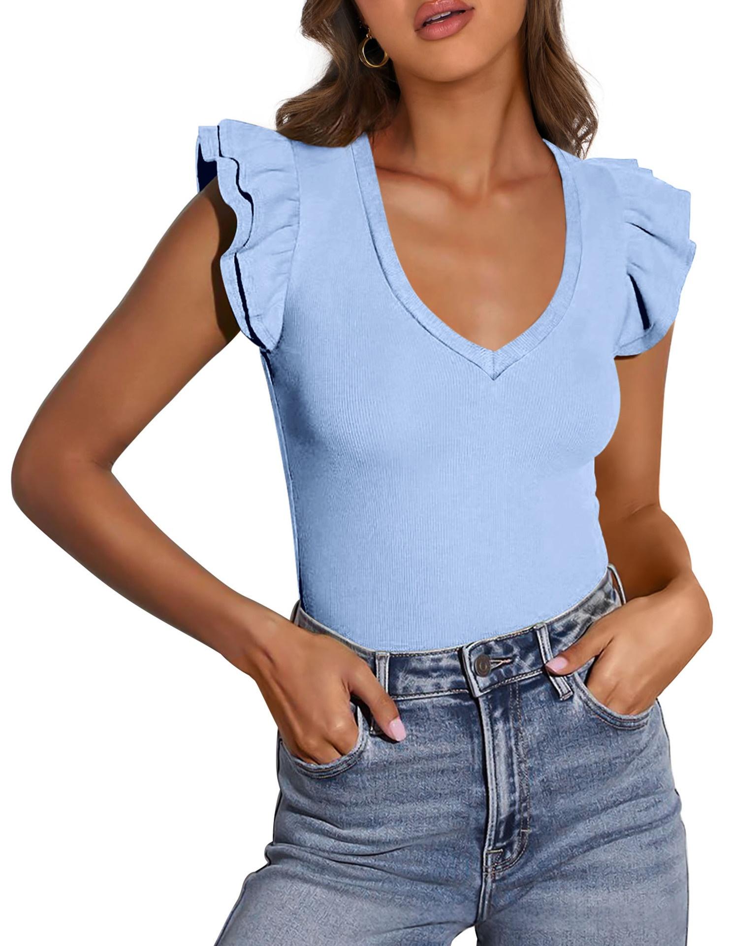 V-neck Ruffle-sleeve Knitted Short-sleeve Top For Women