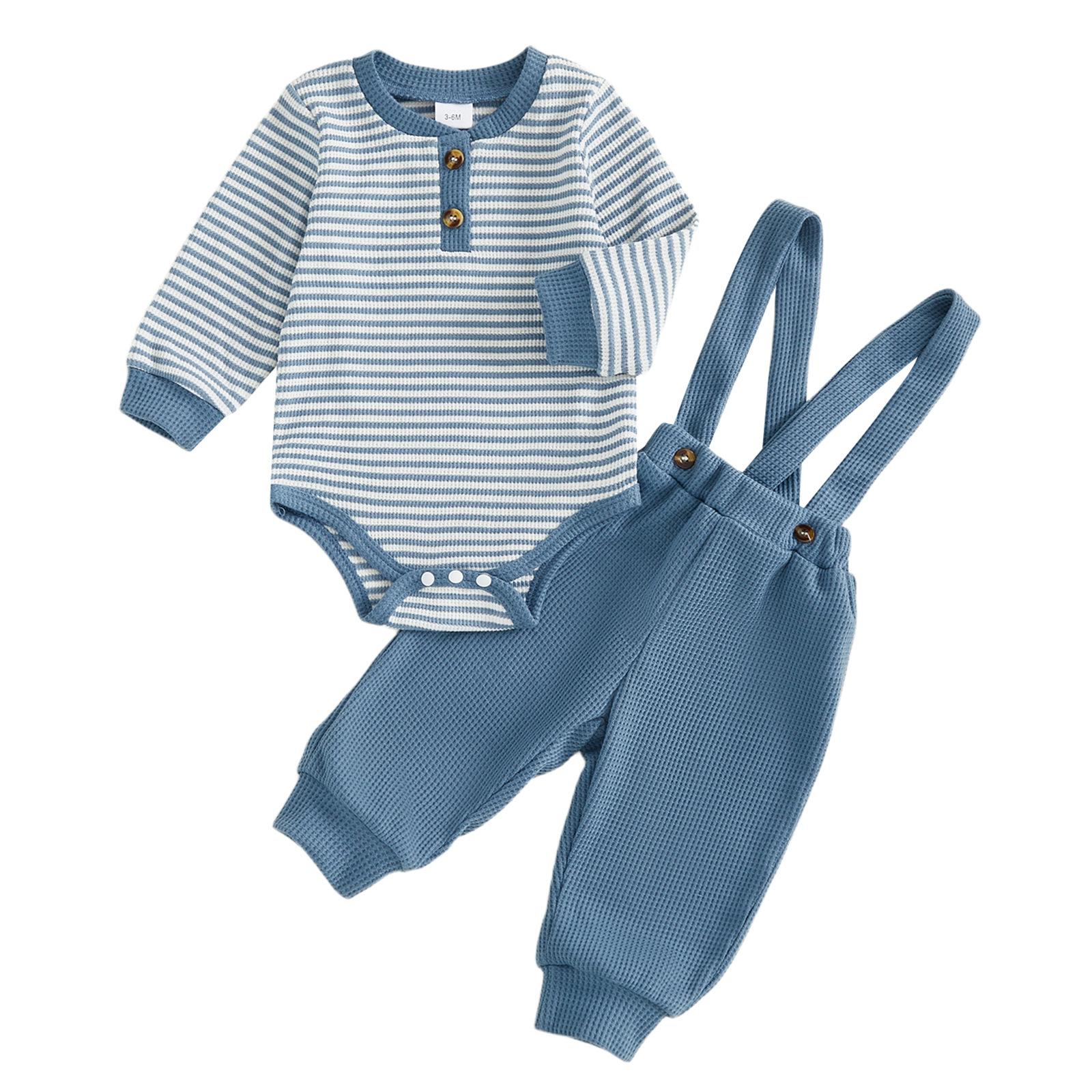Striped Waffle-knit Long-sleeve Romper Waffle-knit Suspender Pants