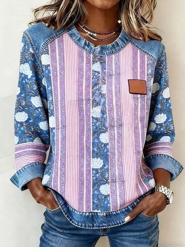 Casual Round Neck Color-blocked Printed Long-sleeved Loose Top