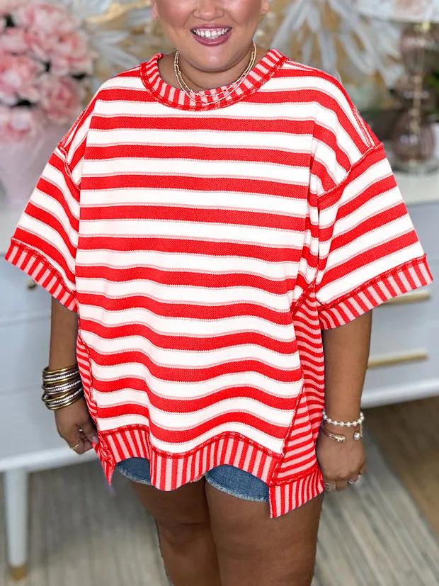 Womens Loose Casual Striped Patchwork Top
