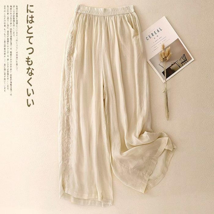 Embroidered Loose-fit Drapey Cotton-linen Pants