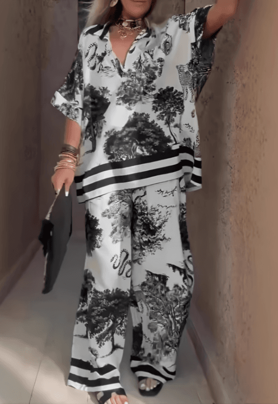 Printed Satin V-Neck Top & Wide-Leg Pants Set