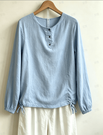 Light Blue Textured Round Neck Half Open Button Drawstring Waist Cinched Long Sleeved Cotton And Linen Top