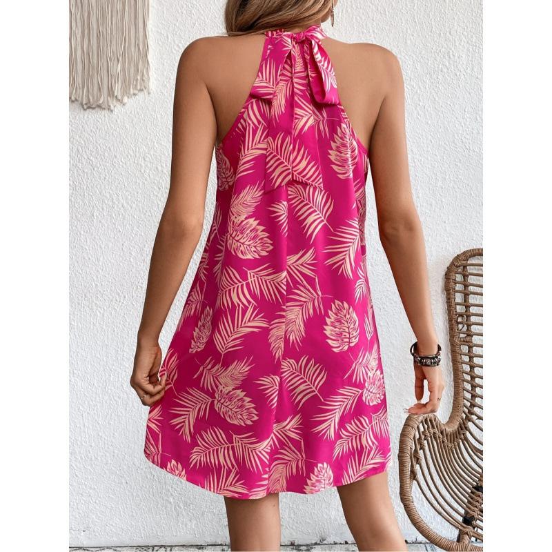 Tropical Printing Lace-up Halterneck Short Dress