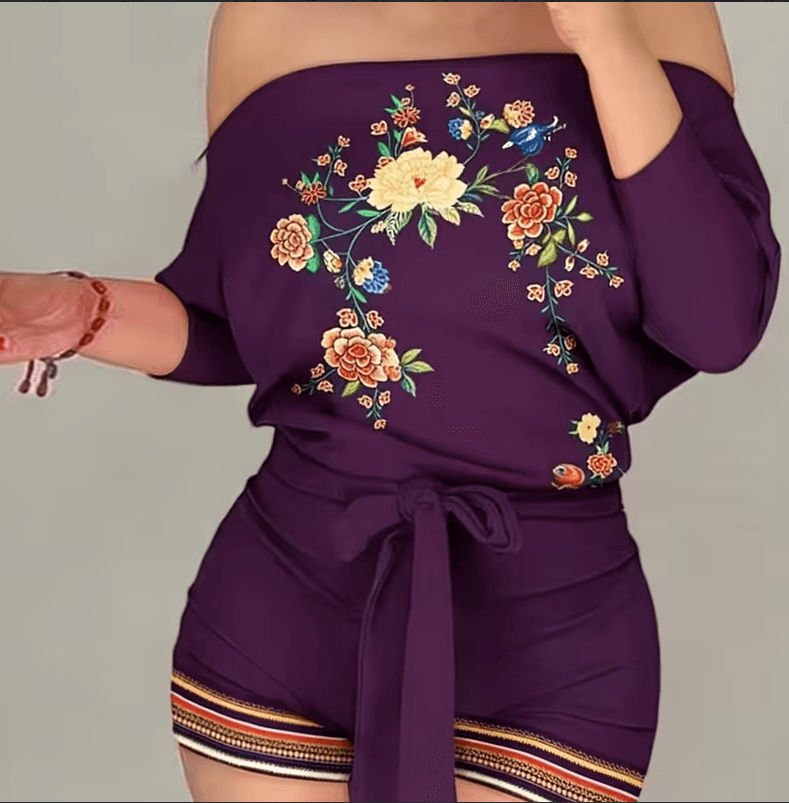 Peacock Print Off-Shoulder Long-Sleeved Tie-Waist Women's Casual Jumpsuit