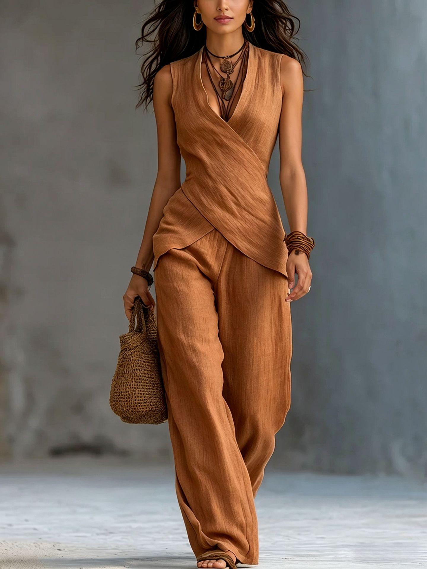 V-neck Crossover Top With Simple Casual Trousers