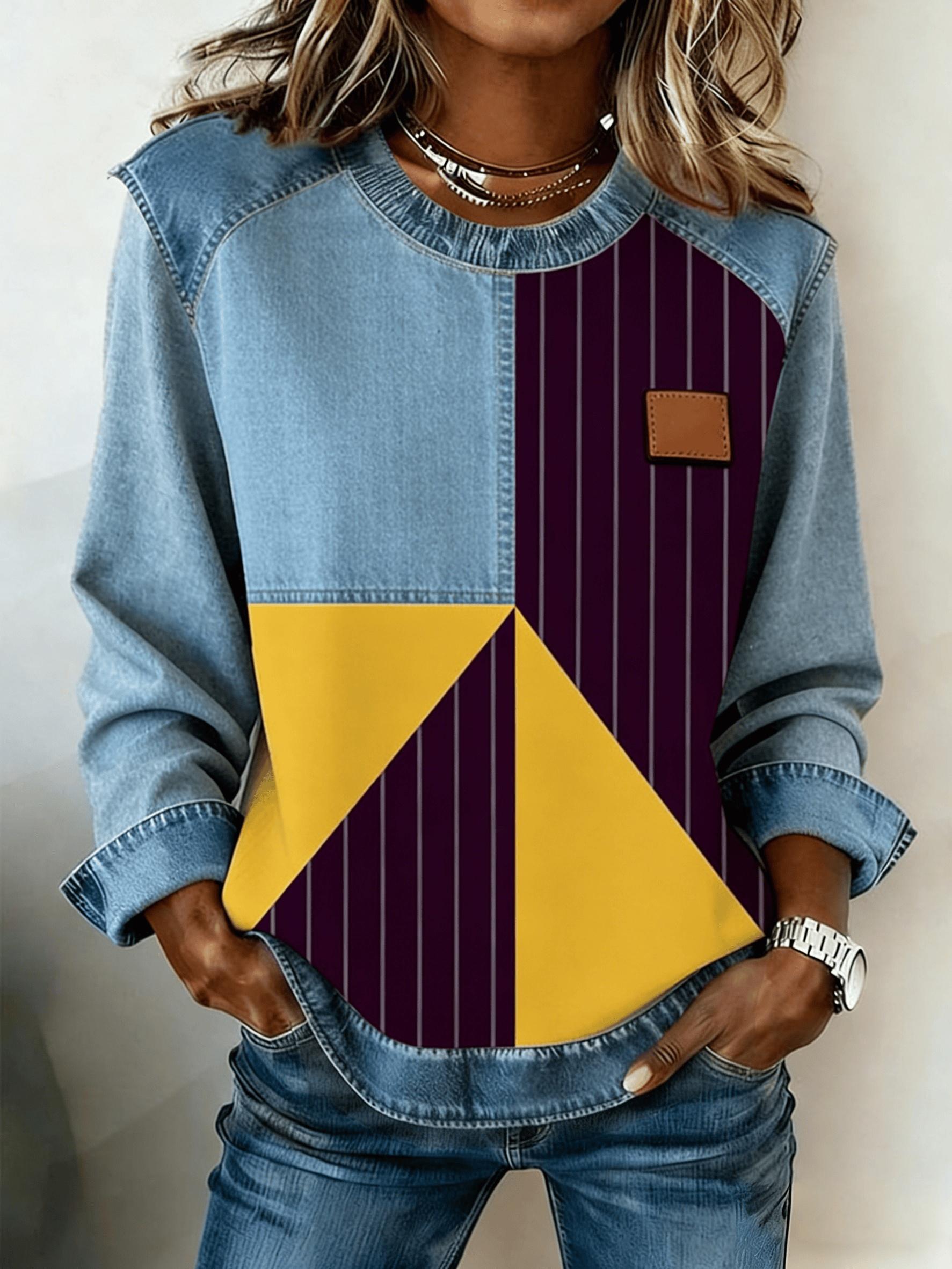 Casual Round Neck Color-blocked Printed Long-sleeved Loose Top