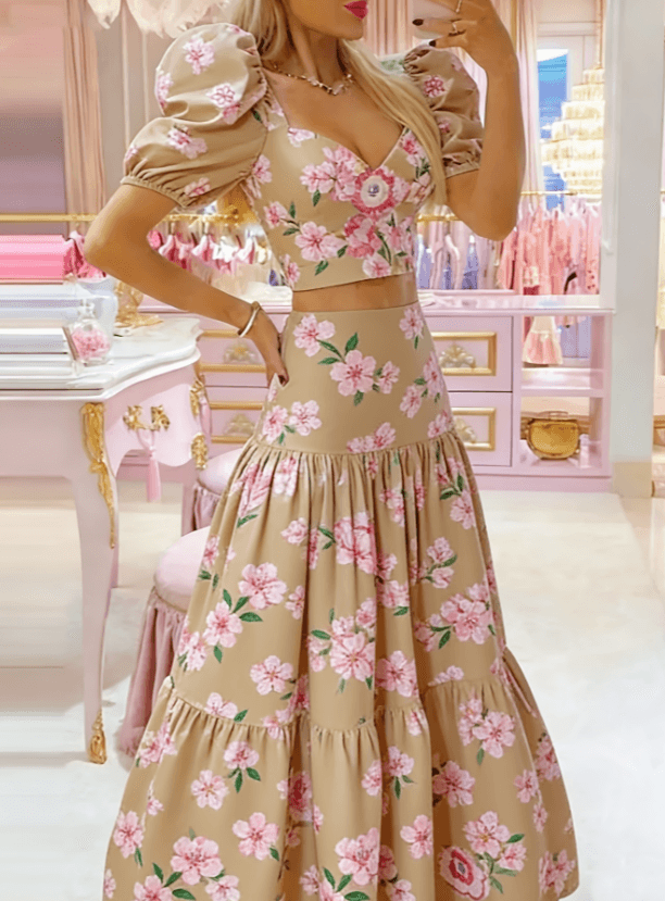 Sweet Floral Print Puff Sleeve Cropped Top High-waisted Maxi Skirt Two-piece Set For Women.