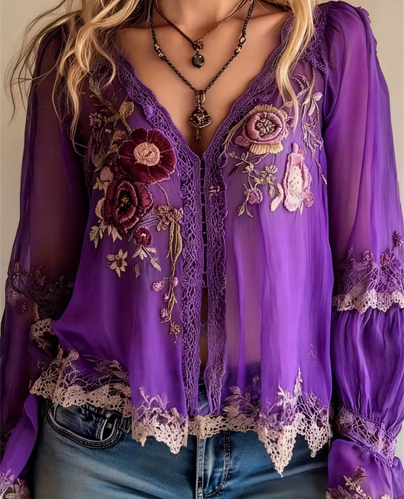 Floral Embroidered Lace Casual V-neck Long-sleeved Top