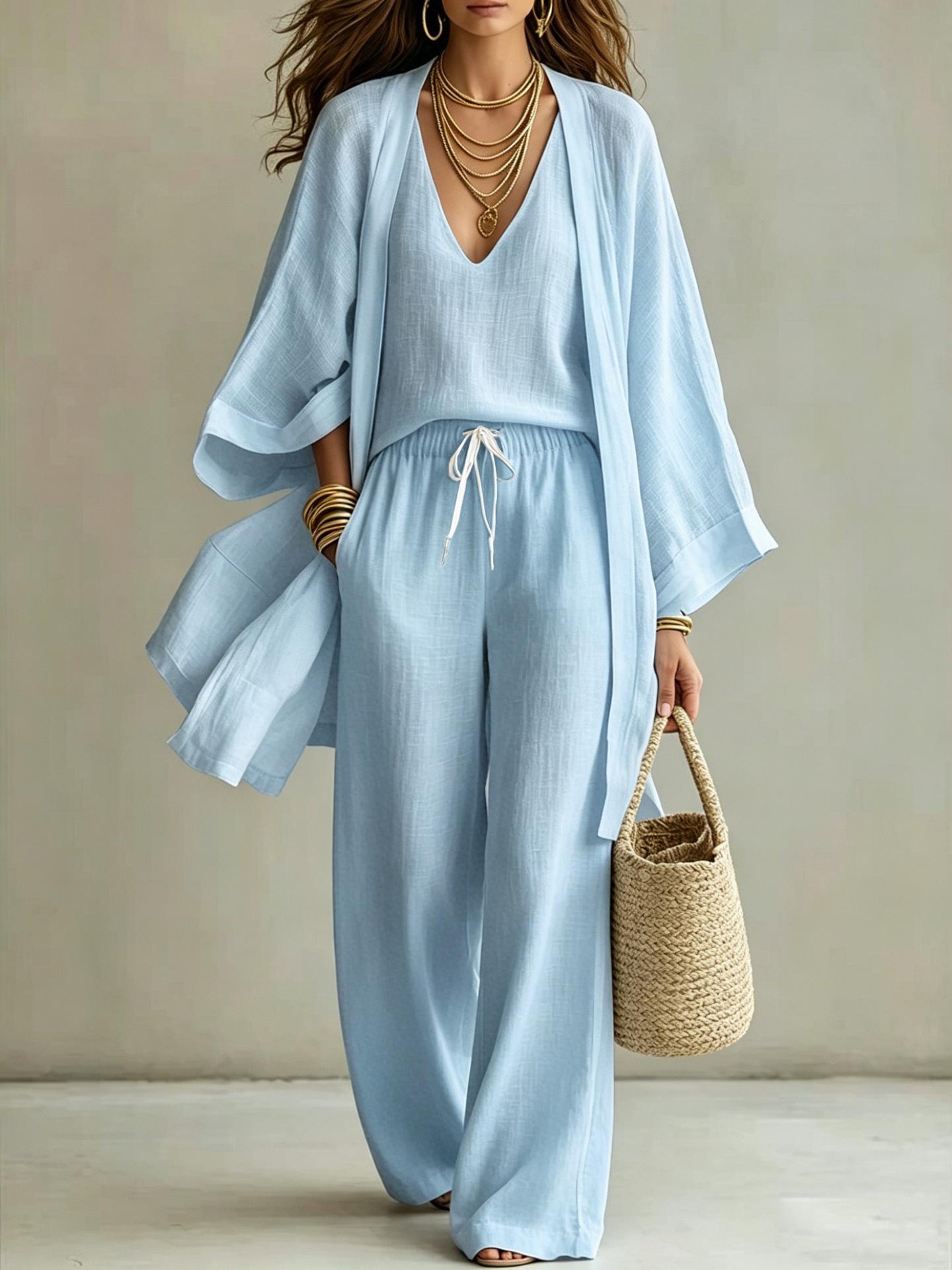 Womens Solid Color V-Neck Cardigan Vest With Pockets And Long Pants Three-Piece Set