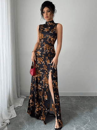 Printed Stand-up Collar Sleeveless Slim-fit Slit Maxi Dress For Women