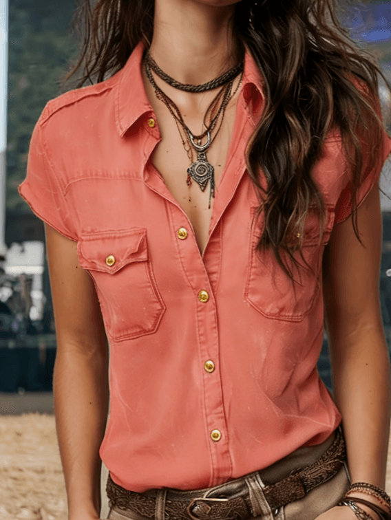 Retro Workwear Style Multi-pocket Women's Top