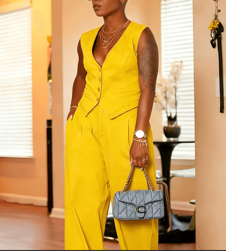 Waist Cinched V-neck Vest Wide Leg Pants Two-piece Set